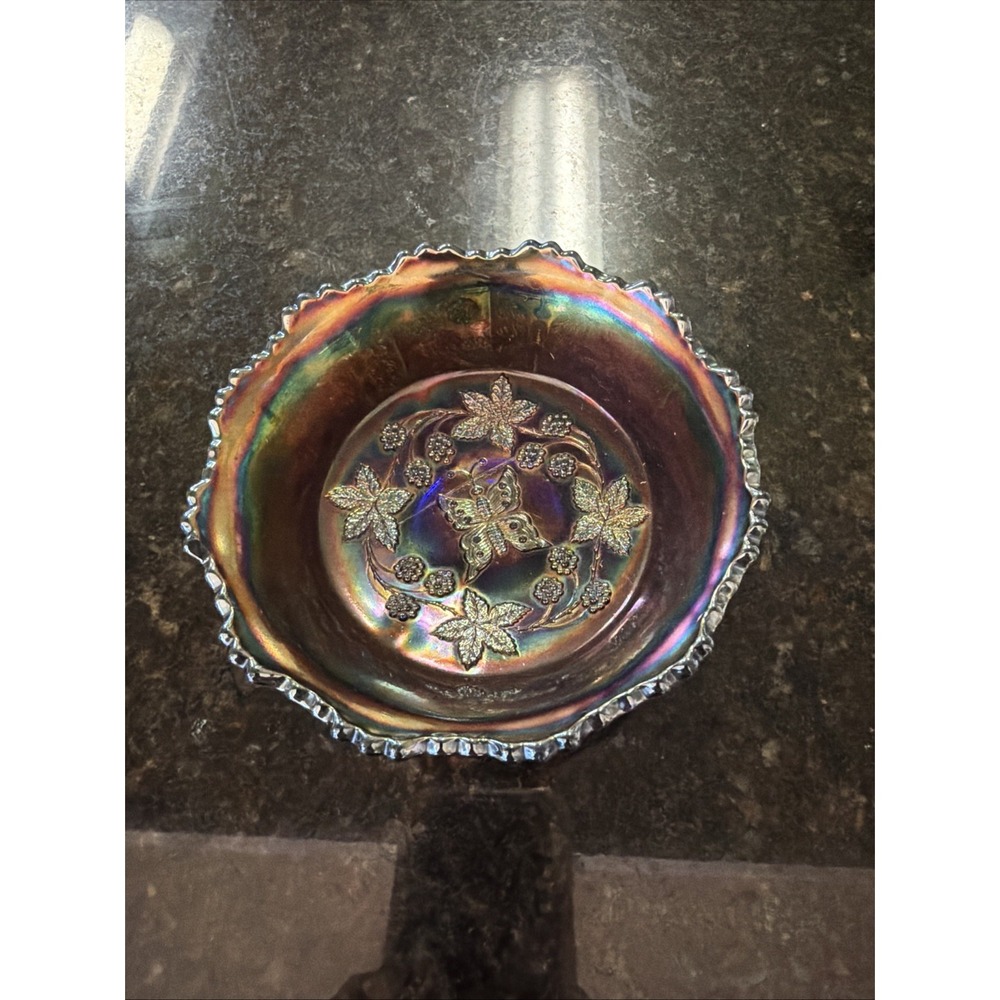 Fenton Iridescent Purple Carnival Glass Footed Butterfly And Berries 5" Bowl